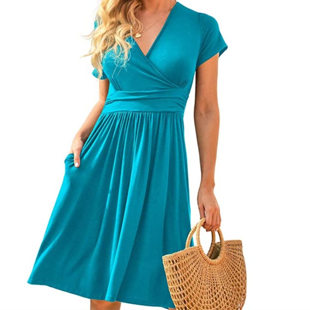 Blue Casual Short Sleeve V-Neck Dress w/Pockets